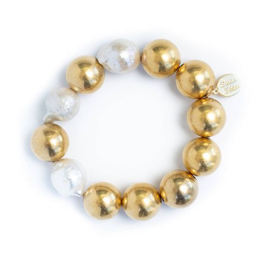 Gold Plated Ball & Baroque Pearl Stretch Bracelet